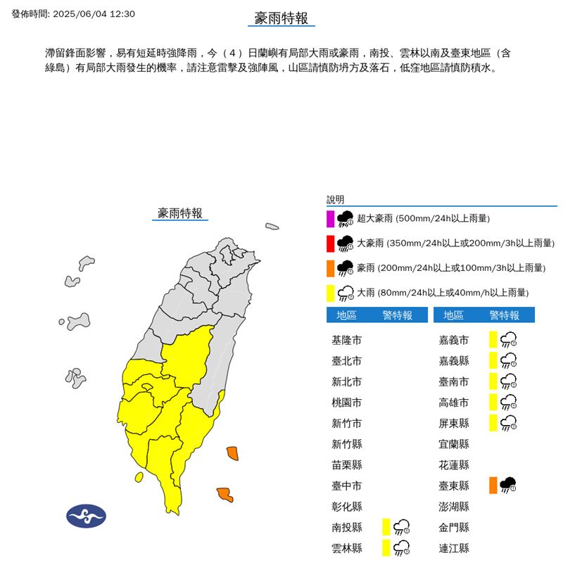 雨勢升級,氣象署針對8縣市豪、大雨特報。(圖/翻攝自氣象署)