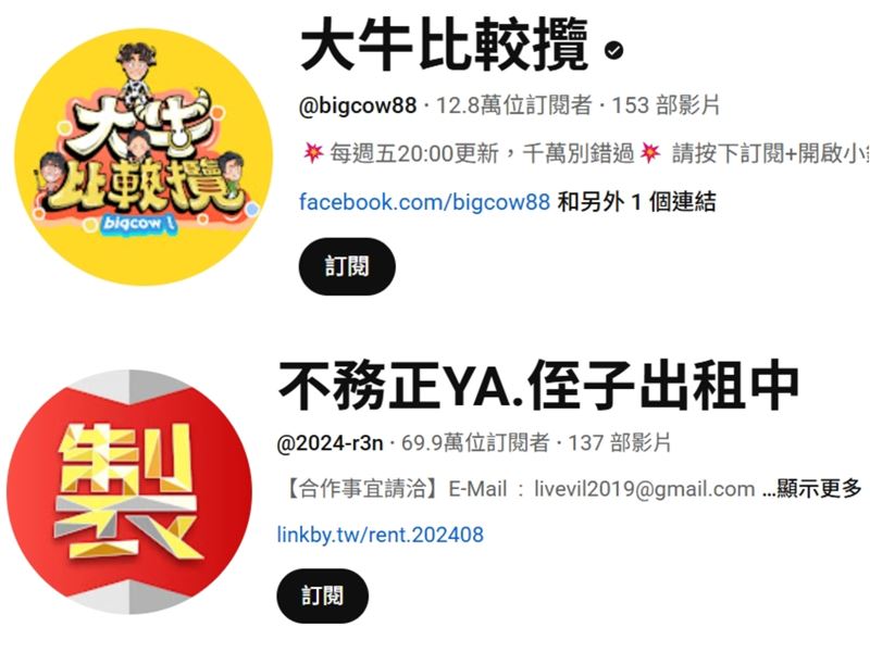 羅時豐與侄子的頻道訂閱數。（圖／翻攝自YouTube）