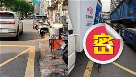 ▲汀洲路和泉州街交接路口無人行道，讓學童必須穿梭在大車間上下學。（圖／議員徐立信提供） 