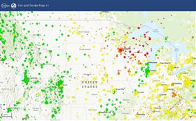 ▲美國環保署監測地圖顯示，一些中西部州出現代表空氣不健康的紅色和紫色燈號。（圖／翻攝自美國環保署AirNow地圖網站） 