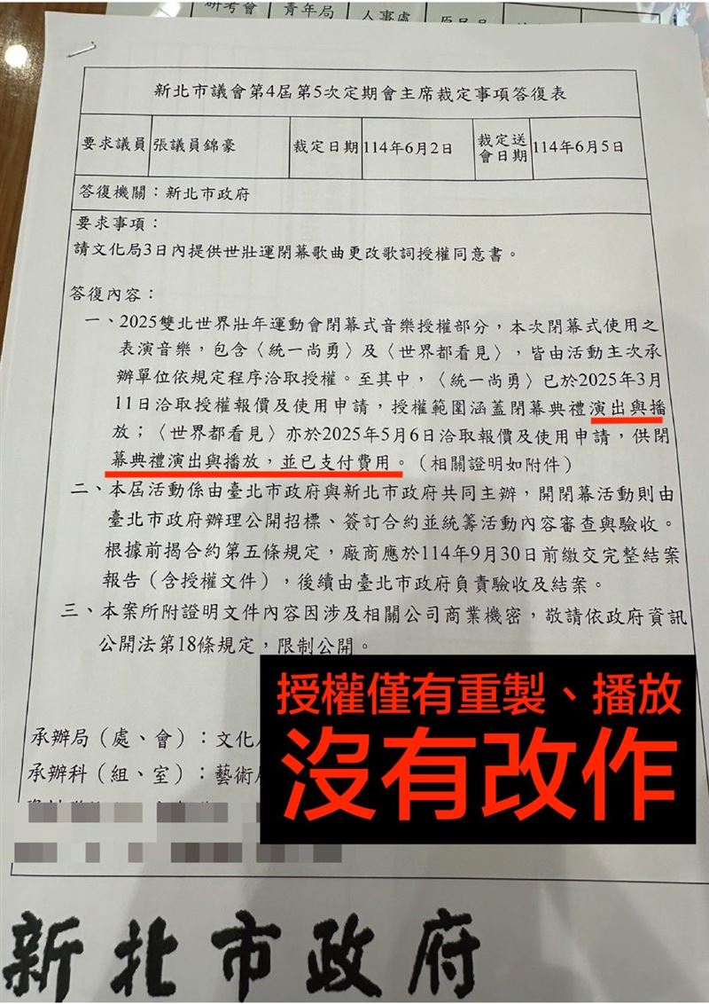 卓冠廷指出，世壯運閉幕改掉「我台灣來欸」歌詞，沒有改作授權。（圖／翻攝自卓冠廷臉書）