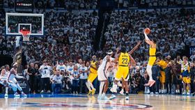 ▲印地安納溜馬「控球之神」哈利柏頓（Tyrese Haliburton）總冠軍賽G1又上演神蹟，在全場落後47分鐘多的情況下，硬是在最後0.3秒命中逆轉致勝球。（圖／翻攝自X平台 @Pacers）
