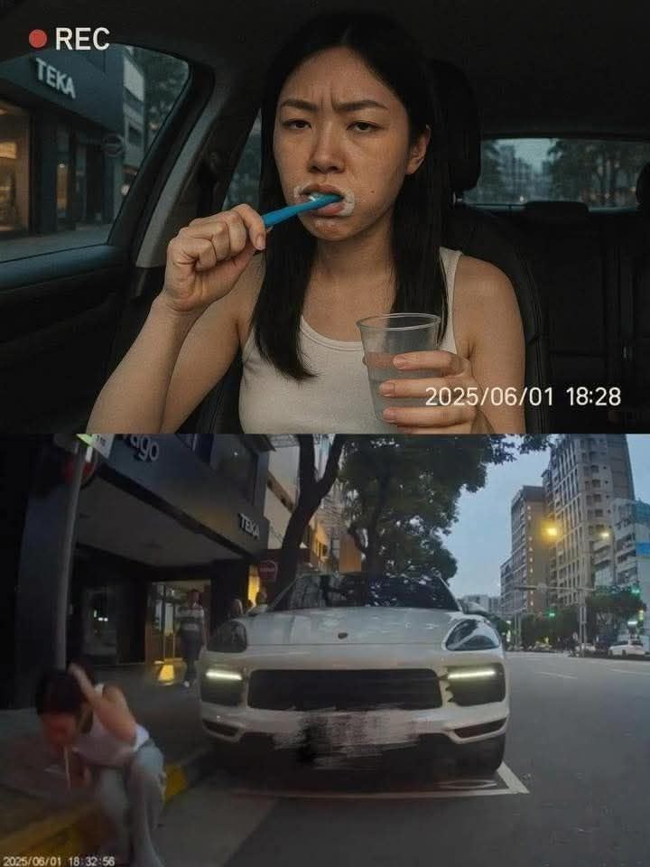 有女網友曬出車內刷牙的照片，並嘆：「刷個牙也能上新聞。」且車外背景似乎就是事發地。（圖／翻攝自爆笑公社）