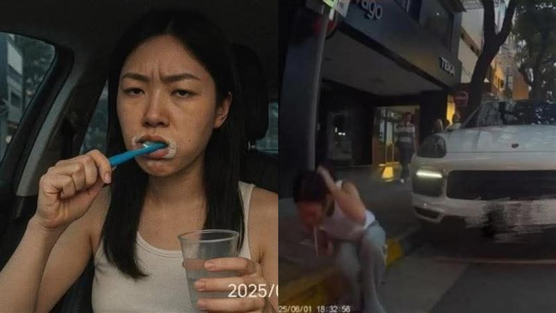 女子從保時捷副駕下車吐一坨濃白液體，有網友疑似用AI生成車內刷牙照片，並笑稱：「刷個牙也能上新聞。」（圖／翻攝自爆笑公社）