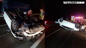 高雄,事故,車道,轎車,岡山,翻車,賓士,聯結車,肇事▲圖片描述。（圖／翻攝畫面）