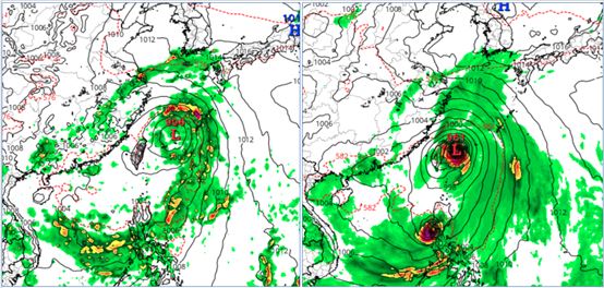 最新歐洲模式下週四(12日)8時模擬圖顯示,下週菲律賓東方有熱帶擾動發展,掠過台灣東北部海面其後有水氣跟隨(左圖);美國模式下週四8時亦有類似模擬,但在時間及空間上的分布、差異很大(右圖)。(圖/翻攝自氣象應用推廣基金會網站)