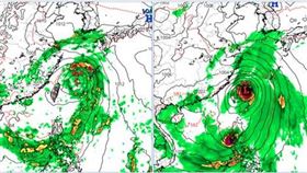 最新(6日20時)歐洲模式(ECMWF)下週四(12日)8時模擬圖顯示，下週菲律賓東方有熱帶擾動發展，掠過台灣東北部海面其後有水氣跟隨(左圖)。美國模式(GFS)下週四(12日)8時亦有類似模擬，但在時間及空間上的分布、差異很大(右圖)。圖／翻攝自氣象應用推廣基金會網站