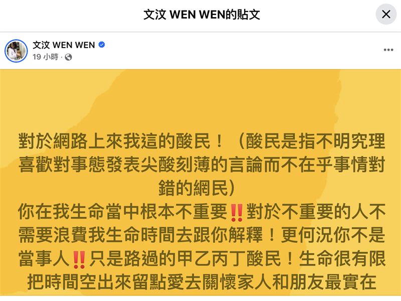 文汶發文反擊酸民。(圖/翻攝自臉書)