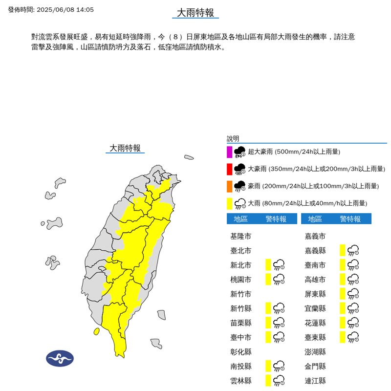 14:05發布大雨特報。（圖／翻攝自中央氣象署）