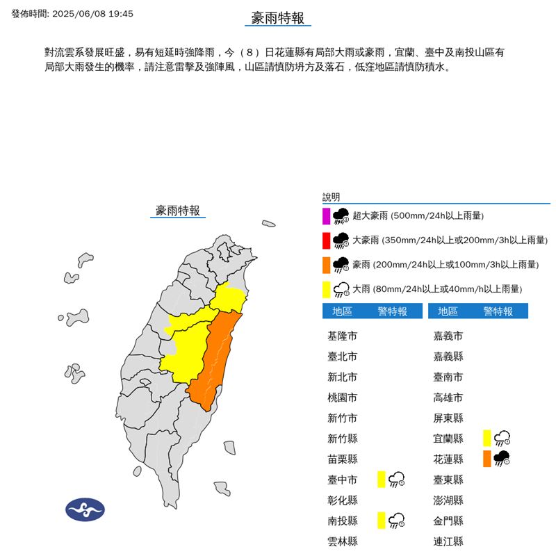 19:45發布豪雨、大雨特報。（圖／翻攝自中央氣象署）