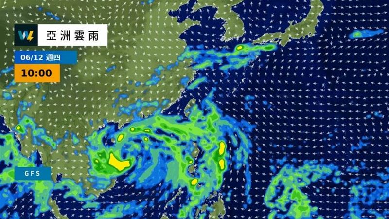 林孝儒指出，預測92W週四前將朝西北方趨向海南島，週五至週末轉北進入中國華南陸地後減弱消散。（圖／翻攝自天氣風險臉書）