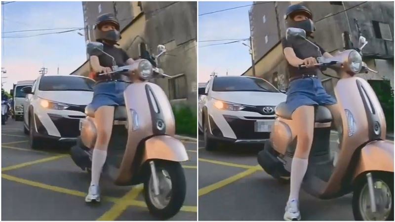 台中熱褲正妹停紅燈遭轎車連按喇叭逼車，影片曝光引眾怒。（圖／翻攝自社會事新聞影音）