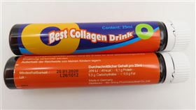 一批自德國進口的膠原蛋白飲，被檢出防腐劑苯甲酸與己二烯酸總量超標。（圖／食藥署提供）