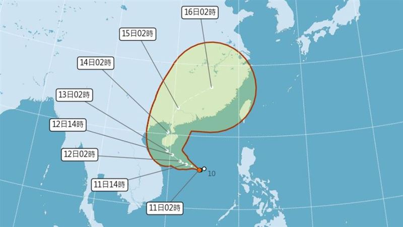 賈新興指出,今晚至週四晨有增強為今年第1號颱風「蝴蝶」的機率,預估朝海南島、中國廣西的方向前進機率較高。(圖/中央氣象署)