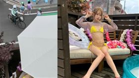 松本一香在社群分享於一處公寓一樓前院拍攝性感片，引發爭議。（圖／翻攝自X）