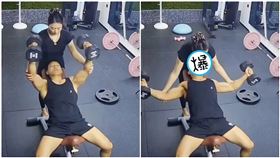女教練「奶奶」貼臉開大助肌肉男重訓，網友直呼羨慕。（圖／翻攝自X）