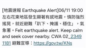 今晚發生地震，國家警報大響。（圖／翻攝自國家警報）