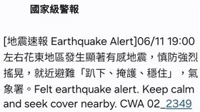 今晚發生地震，國家警報大響。（圖／翻攝自國家警報）