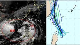 圖：原橫跨菲律賓的大低壓環流内，有兩個的熱帶擾動發展，西側已率先發展成「蝴蝶」，東側的熱帶擾動則發展成結構鬆散的「熱帶低壓」(左圖)，最新(11日20時)歐洲系集模式(ECMWF)路徑模擬圖(右圖)顯示，「熱帶低壓」朝台灣直撲而來。(右圖擷自weathernerd)