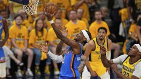 ▲亞歷山大（Shai Gilgeous-Alexander）用571分超越杜蘭特（Kevin Durant），成為雷霆隊史單季季後賽新得分紀錄保持人。（圖／美聯社／達志影像）