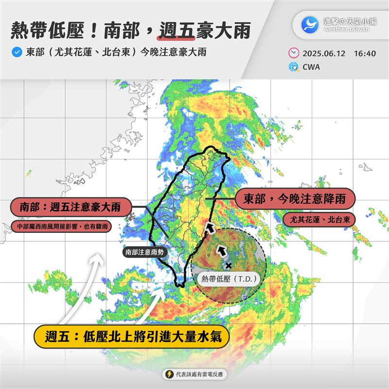 蝴蝶颱風遠離台灣,但在台灣東側又有熱帶低壓發展出來。(圖/翻攝自進擊の天氣小編臉書)