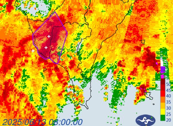 大雷雨開炸「台南市、高雄市、屏東縣」。(圖/翻攝自氣象署)