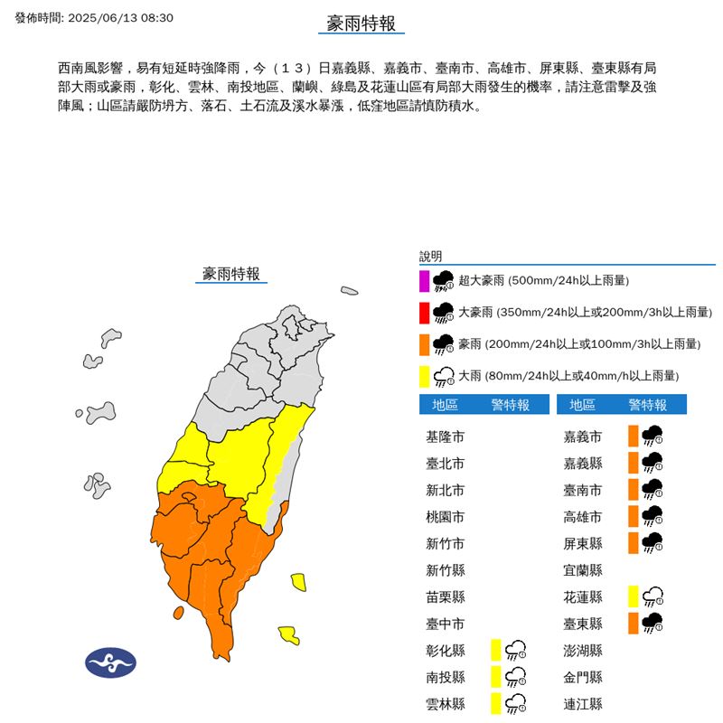 氣象署針對「10縣市」發布豪、大雨特報。(圖/翻攝自氣象署)