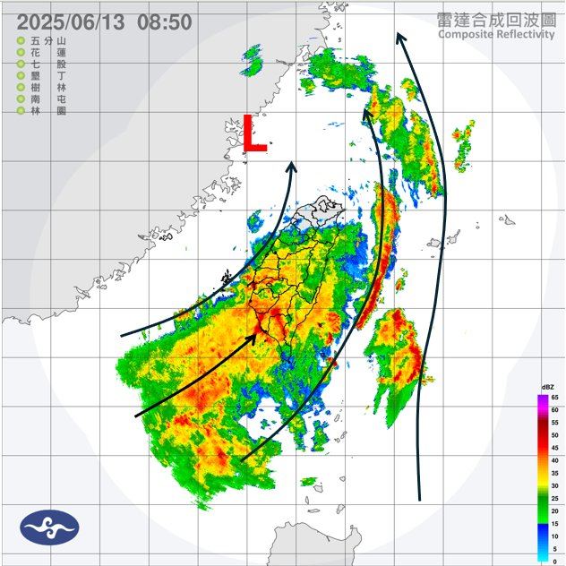 西南風灌進,中南部地區和台東出現劇烈降雨。(圖/中央氣象署)