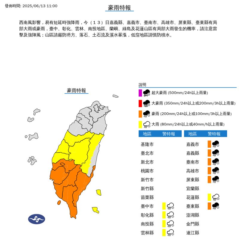 11縣市豪、大雨特報。(圖/氣象署)