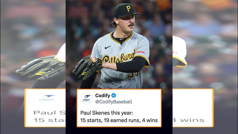 斯金斯(Paul Skenes)5局好投仍無緣勝投。(圖/翻攝自CodifyBaseball X)