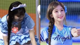 李珠珢蹲地意外露出深溝。（圖／翻攝自YT/啦啦隊合作攝）