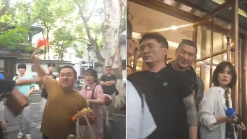 中國男舉五星旗嗆館長「台獨狗」,被問哪一國人?館長語塞。(組合圖/翻攝自館長YT)