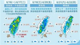 「天傍晚報天氣 - 中央氣象署 」貼出一張圖指出，【未來一週：悶熱+午後雷陣雨】。
