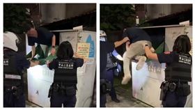 有民眾昨晚行經北市中山北路二段一處巷弄時，發現公園旁的一只舊衣回收箱不斷晃動，員警獲報到場處理，竟發現一名男子受困在內，在員警協助下，男子才從舊衣回收箱爬出脫困