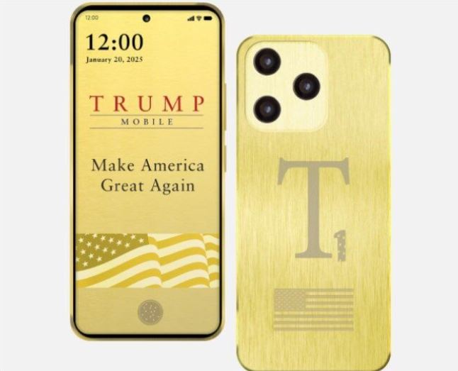 T1SM手機採用金色金屬外殼，上面刻有美國國旗。（圖／翻攝自Trump Mobile）