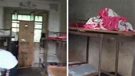 中國一所中學宿舍居然沒有門、沒有電扇，床架鏽蝕破爛、僅剩一塊床板。（圖／翻攝自微博）