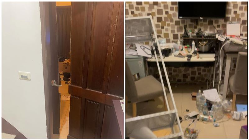 樋口先生在社群PO出女房東破門侵襲的場景,不但木門裂成兩半,房內也像被炸過一樣。(圖/翻攝isao.higuchi threads)