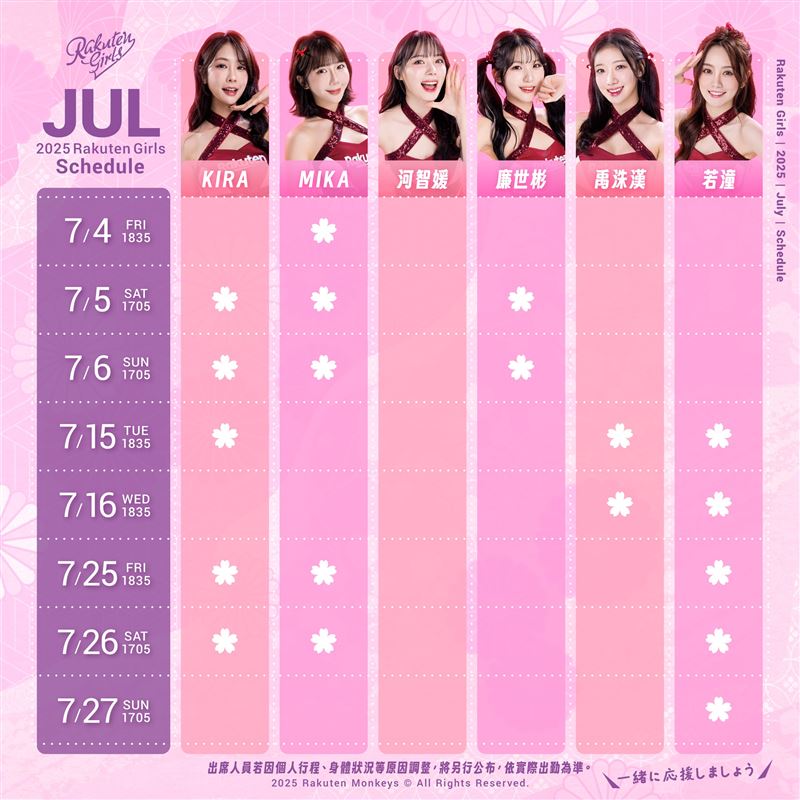 河智媛將缺席7月份應援。(圖/翻攝自Rakuten Girls臉書)