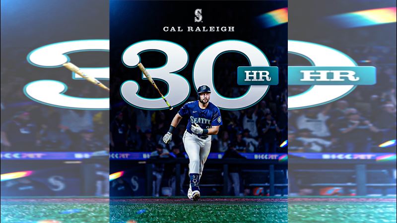 水手捕手洛利(Cal Raleigh)明星賽前擊出30轟,是左右開弓打者第1人。(圖/翻攝自MLB推特)