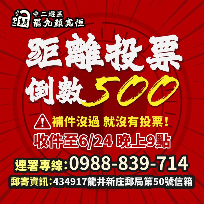 顏寬恒罷免案補件還差500份才到「130%安全門檻」。（圖／翻攝自中二解顏threads）