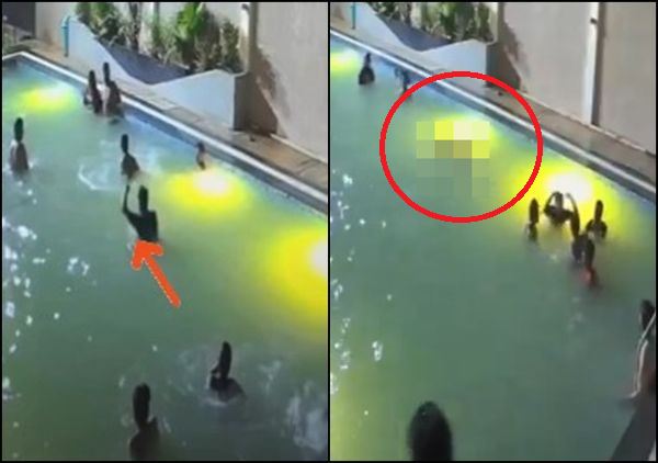 男子在泳池溺水卻沒人發現,且游泳池內滿滿都是人,直到2分鐘後才被人拉上岸。(圖/翻攝自X)