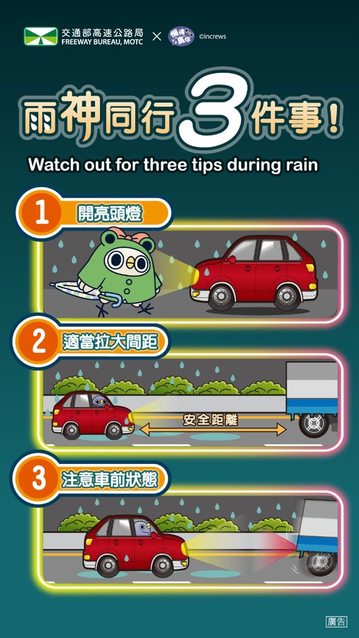 高公局提醒用路人,行駛途中如遇強降雨,請開亮大燈,保持較長的跟車距離。(圖/高公局提供)