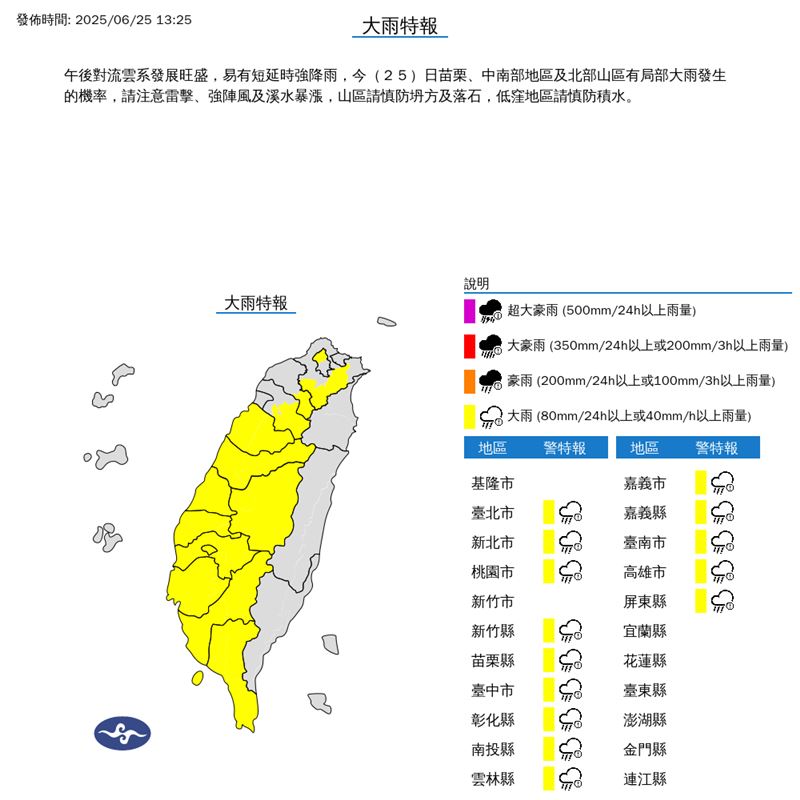 14縣市大雨特報。(圖/翻攝自氣象署)