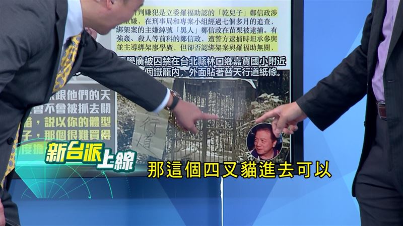李正皓指著當年廖學廣被關的狗籠,打趣說:「這個四叉貓進去可以。」(圖/翻攝新台派上線)