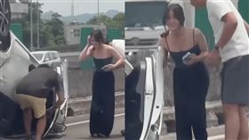 國道翻車180度！低胸妹「燦笑爬出」光腳路上跳　網封：樂天女孩▲光腳女子爬出後面露笑容。（圖／翻攝自YouTube-WoWtchout - 地圖型行車影像分享平台頻道）

