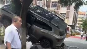 中國北京26日發生嚴重車禍，肇事車輛卡樹上。翻攝網路