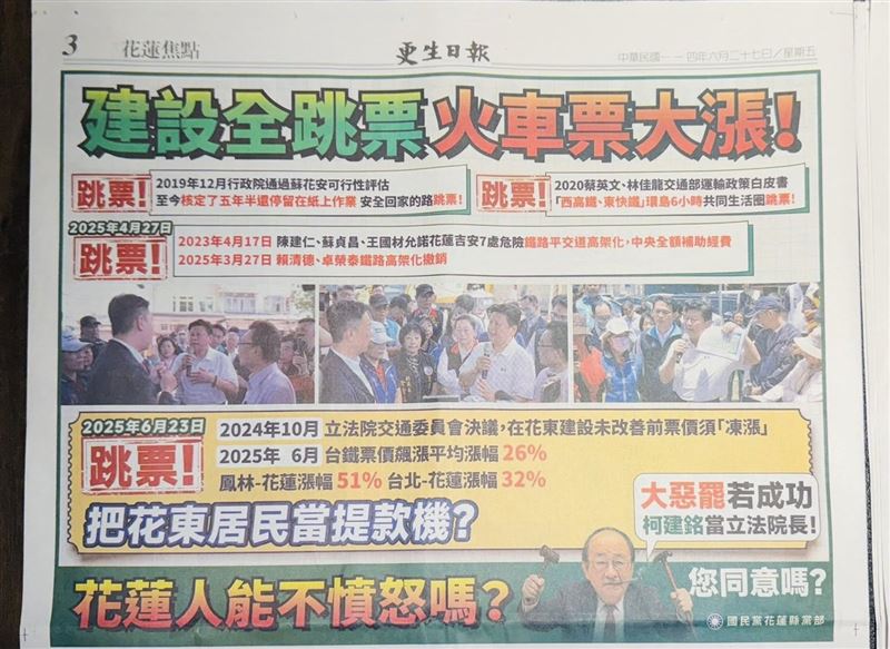 《更生日報》在其他版位則是刊登國民黨花蓮縣黨部的廣告。(圖/翻攝自林育卉Threads)
