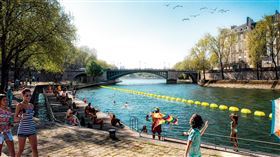 巴黎塞納河將於今夏開放民眾游泳巴黎塞納河將於2025年7月5日至8月31日，短暫開放3處指定河段供全民游泳。圖為「瑪麗支流」河段的模擬圖，該處鄰近巴黎聖母院旁的聖路易島，將以浮標規劃出70x20公尺的泳池，能容納150人，並設有儲物櫃、戶外座椅、淋浴間與急救站。（巴黎市政府Ville de Paris提供）中央社記者李若韻巴黎傳真  114年6月28日