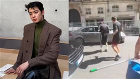 車銀優晨跑時不慎AirPods飛出遭車輾壓，讓他當場楞原地。（組合圖／翻攝自X@ldm_330）