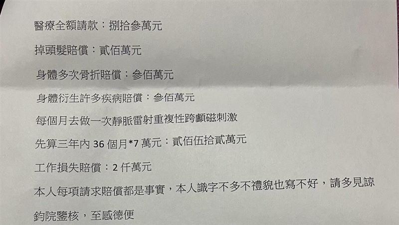 70歲嬤車禍「索賠3000萬」掉髮就要200萬